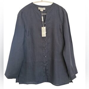 Jaeger 100% Linen Blouse Hand Embellished Blue Tunic Top Button Front UK10